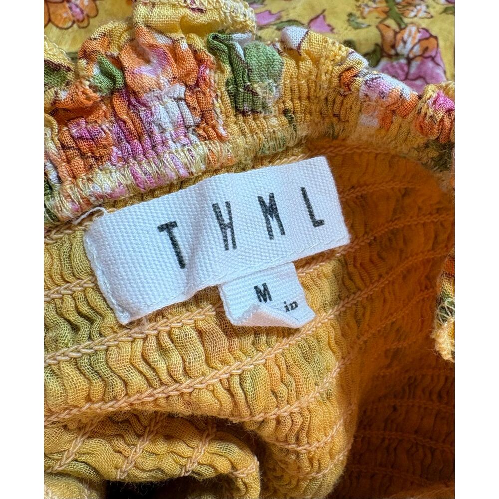 THML Women’s marigold/yellow floral dress, smocked bodice, pockets, ruffle, M - Picture 5 of 6